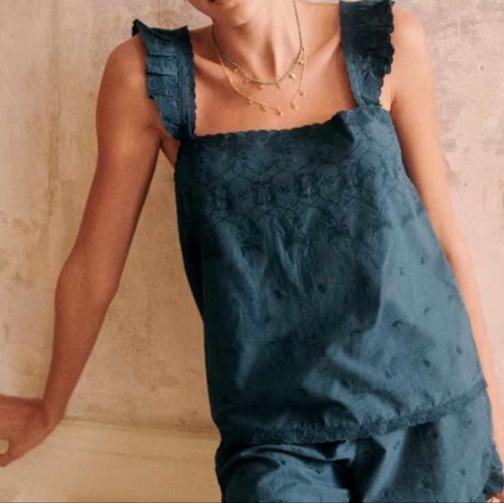 Sezane Josephine Blouse Blue Criss Cross Embroidered Size 36 US 4